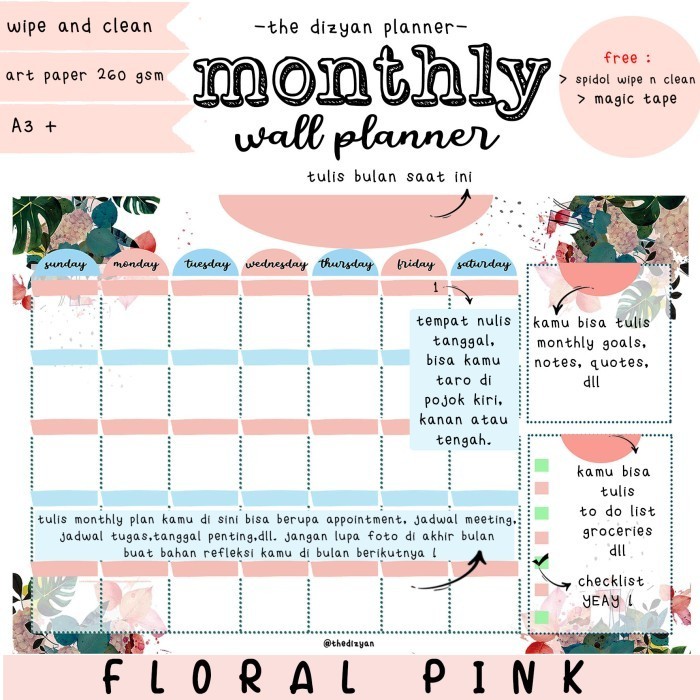 

Segera Miliki Monthly Wall Planner | Schedule Board | Wipe N Clean | Pink Floral Sale!!!