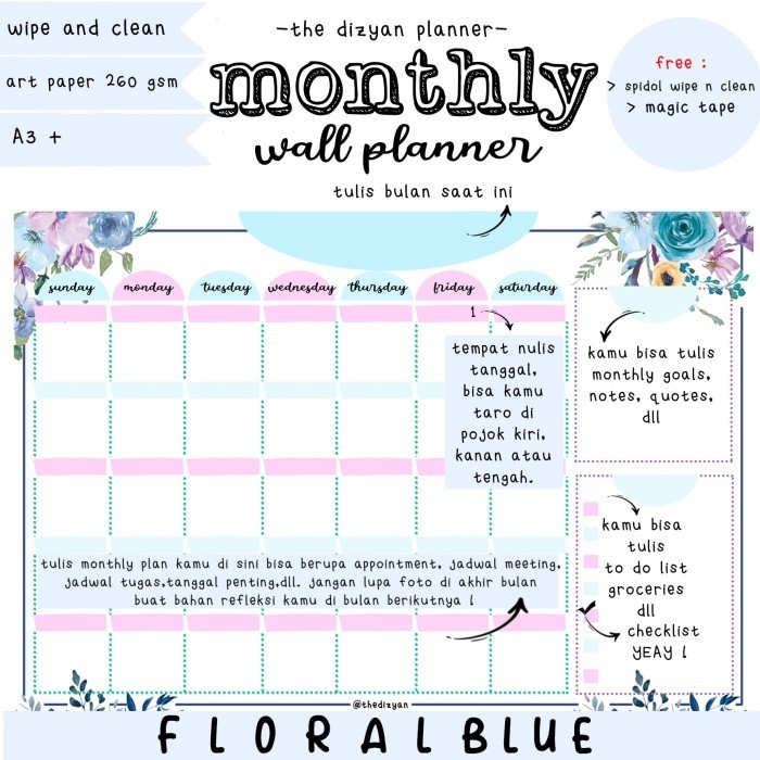 

Spesial Monthly Wall Planner | Schedule Board | Wipe N Clean | Blue Floral Murah