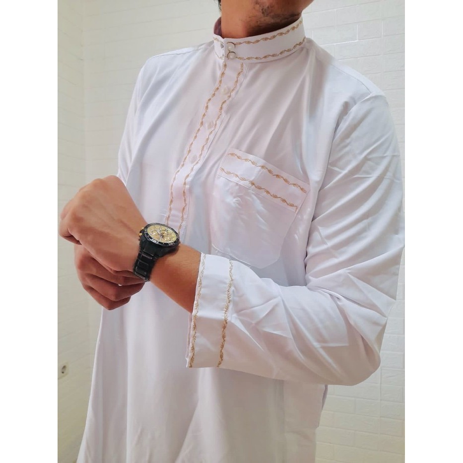TERLARISBaju Muslim Jubah Gamis Pria Bordir Impor Asli Saudi Merk Al Inaqah - Putih, 52premium slimf