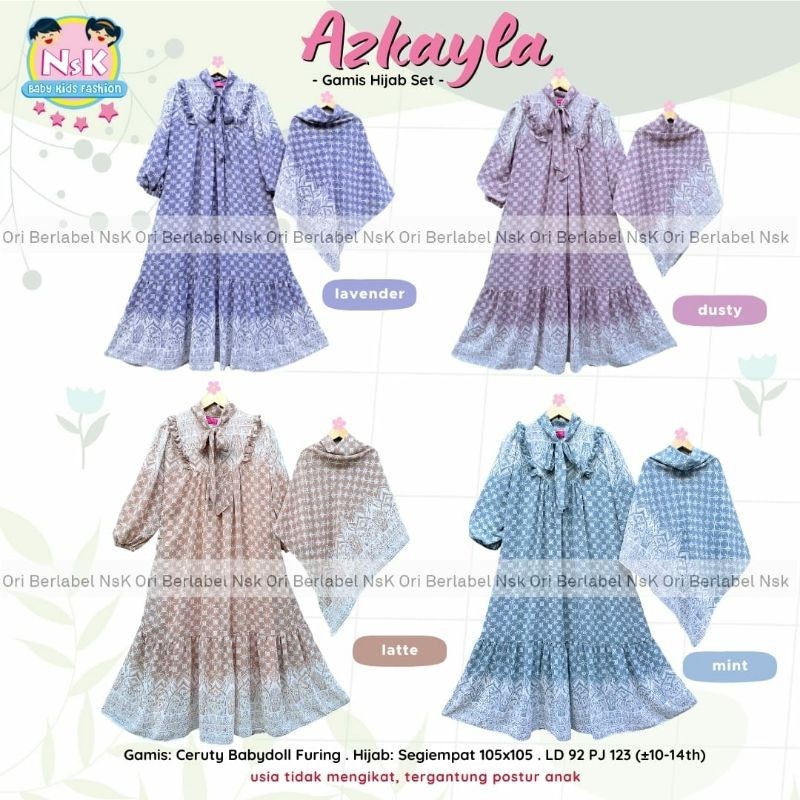 AZKAYLA SET DRESS ORI NSK KIDS || Baju Gamis Anak Free Jilbab Dress Ceruty Motif Terbaru