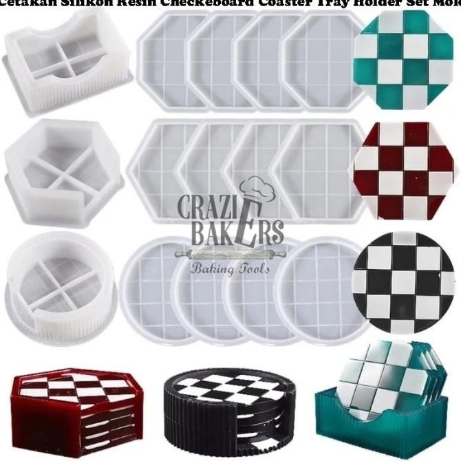 Cetakan Silikon Resin Checkeboard Coaster Tray Holder Set Mold