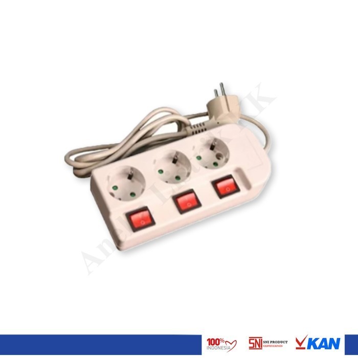 Stop Kontak Uticon ST-1382 SW, 3 Outlet dengan Saklar Tersendiri dan Penutup Keamanan
