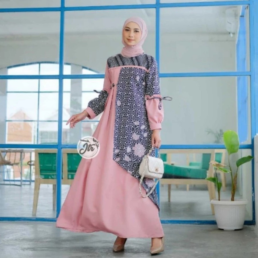 Gamis Wanita Batik Kombinasi Polos Modern Gamis Batik Wanita Muslim - Dusty
