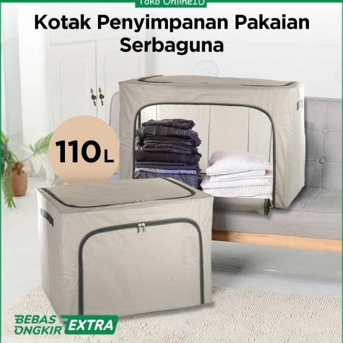Box Storage Baju Lipat Rangka Besi Kotak Lemari Pakaian Portable 110 L Kualitas Premium