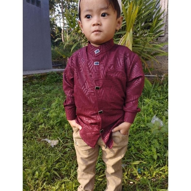 Terbaru Kemeja Koko Sultan Anak Usia 1-12 Tahun Embos Premium Model Terbaru 2023 Merah Marun