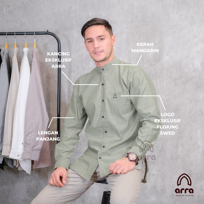 Baju Muslim Kemeja Koko Lengan Panjang Pria Dewasa Modern Hijau Sage