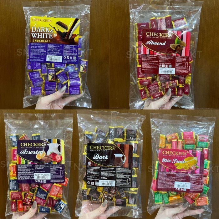 

CHECKERS MINI CHUNKY DARK MILK CHOCOLATE ALMOND ASSORTED MIX FRUIT