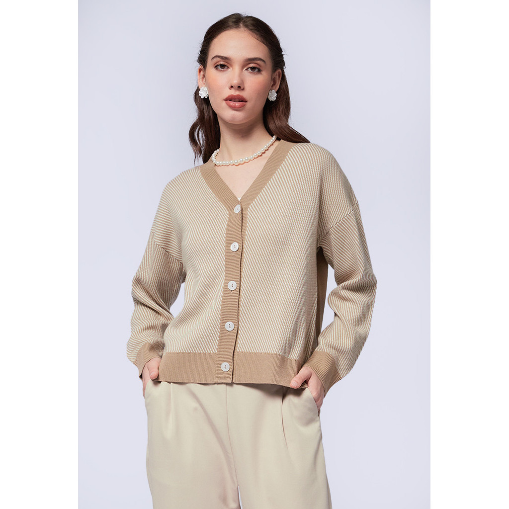 ET CETERA V-Neck Textured Knit Cardigan BEIGE