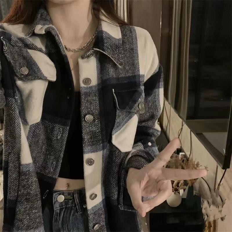 Kemeja Kotak-kotak Empuk Wanita, Atasan Jaket Longgar Kotak-kotak Musim Gugur dan Musim Dingin
