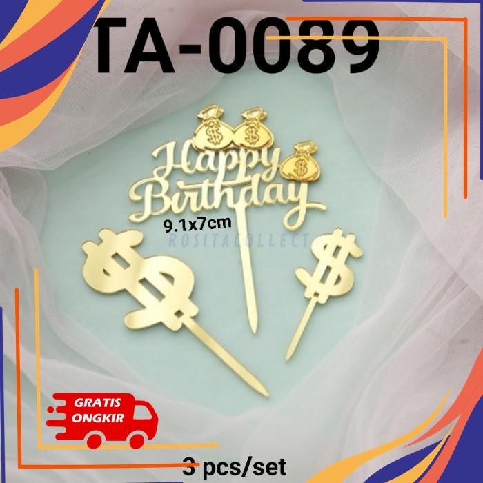 CAKE TOPPER AKRILIK HAPPY BIRTHDAY UANG DOLLAR KANTONG EMAS   TA-0089 KUALITAS TERBAIK
