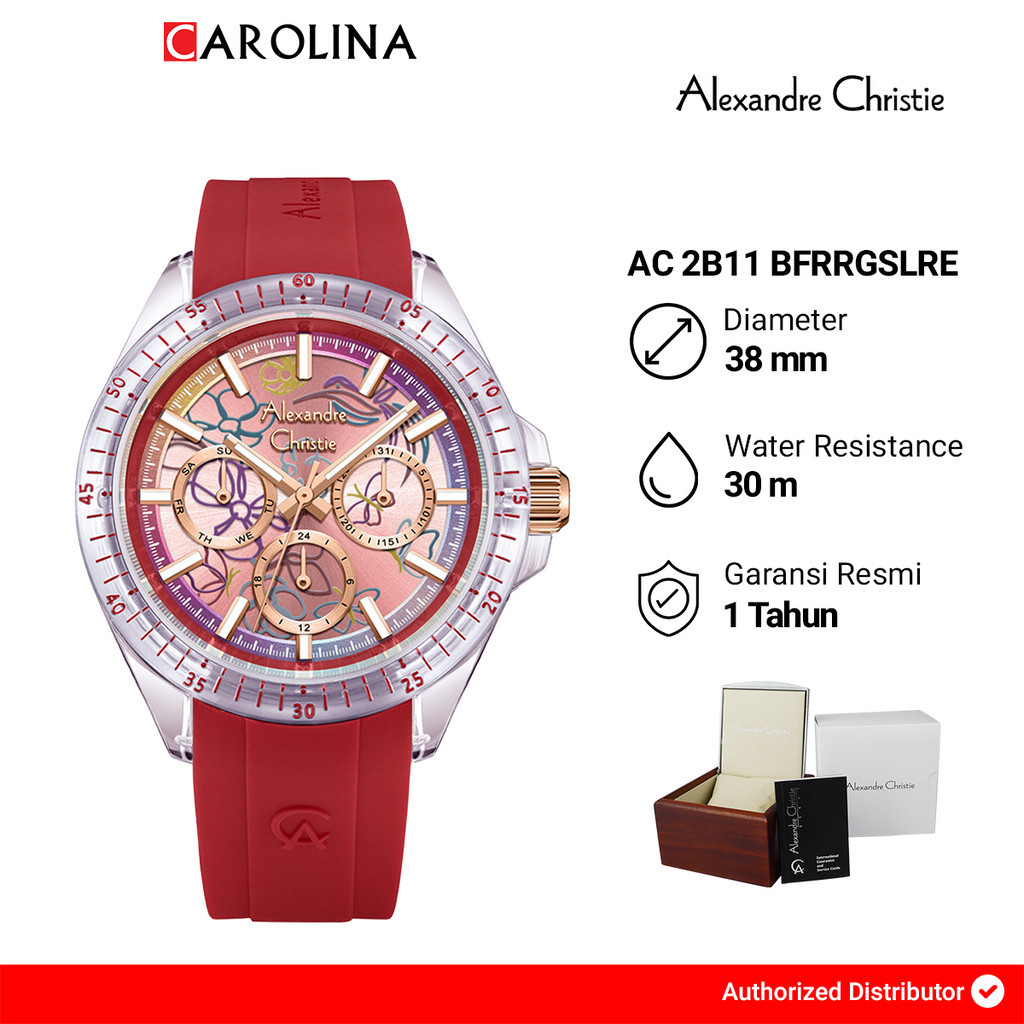 Jam Tangan Wanita Alexandre Christie Multifunction AC 2B11 BFRRGSLRE Pattern Dial Red Rubber Strap