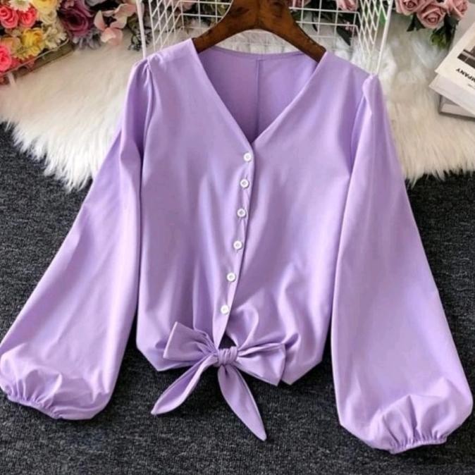 Atasan Baju Wanita Ungu Purple Lilac Lavender Top Blus Polos Kancing