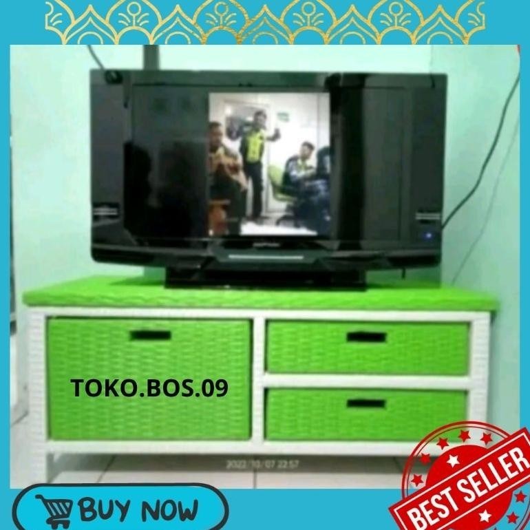 (REDY STOK) Meja Tv Rotan Sintetis Rak Laci 3 Rak Buku Susun
