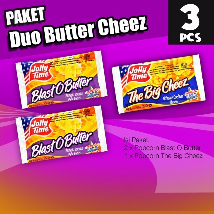 

Paket Duo Butter Cheez (2BOB, 1TBC) - Jolly Time Mircowave Popcorn