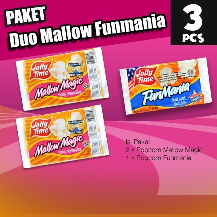 

Paket Duo Mallow Fun Mania (2MM, 1FM) - Jolly Time Mircowave Popcorn