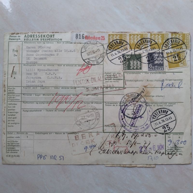Koleksi Kuno Jadul 1976 Arsip Pengiriman Paket Barang Denmark-Indonesia - YN1214