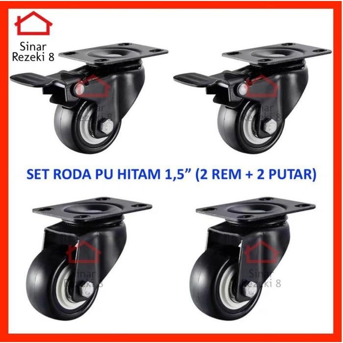 Set Roda Pu Hitam 1,5 Inch Rem Hidup Lemari Caster Troly Troli Putih