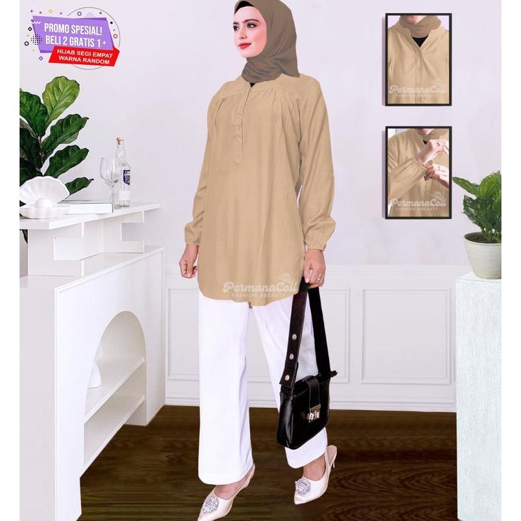 Baju Atasan Blouse Wanita Kemeja Lengan Panjang Cream Tua Jumbo Dewasa