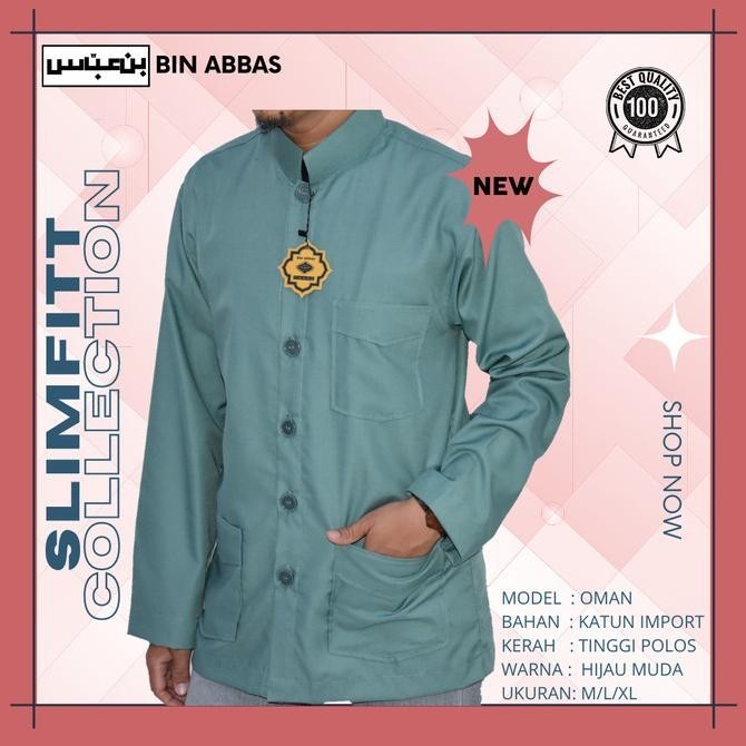 Al_Mubarrakh Bin Abbas Baju Koko Oman Slim Fitt Hijau Muda Polos Lengan Panjang Pengiriman Cepat