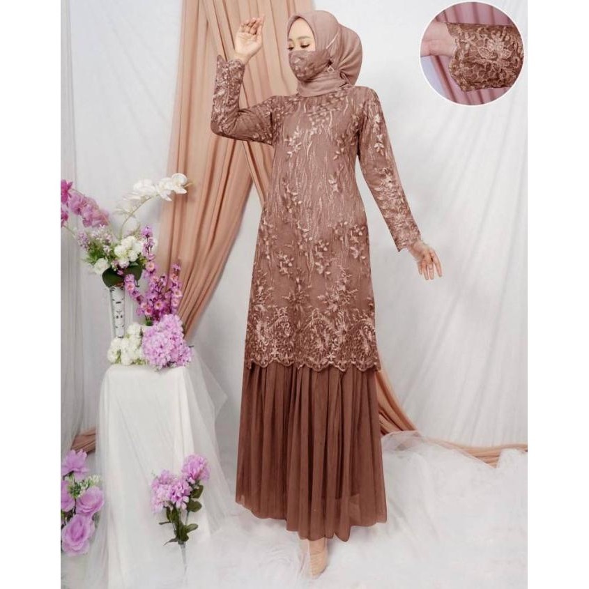 Gamis Brukat Tile Mutiara Import - Dress Maxi Tile Mutiara Import