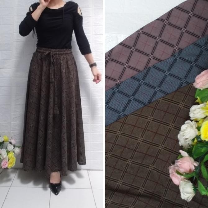 Rok Flanel Panjang Muslim Rok Lebar Kotak Kotak Rok Payung