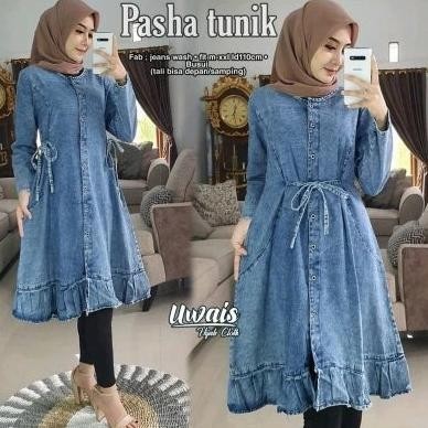Long Tunik Bordir Denim Jeans Atasan Kemeja Wanita Bordir Dres Ratuliu