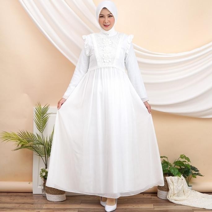 Gamis Putih Muslim Wanita Dress Brukat Lebaran Haji Umroh Manasik 008