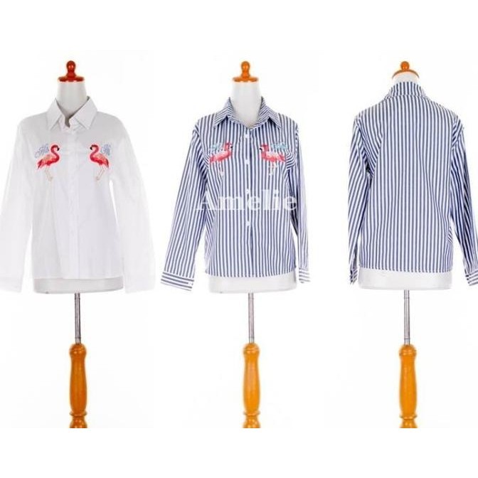 Baju Atasan Hem Kemeja Bordir Flamingo Garis Putih Blouse Tunik Import