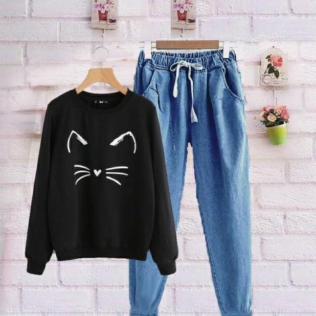 Set Denim Cat/Baju Harian Anak Remaja/Baju Santai Abg/Baju Anak Muslim