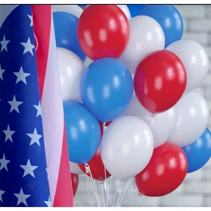 balon latex 12 inch mix 30 pcs warna biru muda - putih - merah kualitas tebal