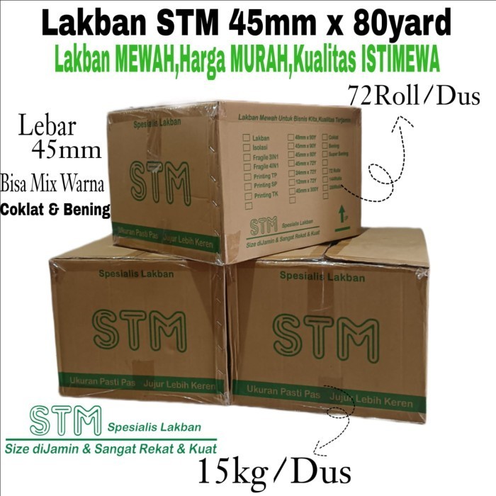 

Lakban Stm Coklat/Bening 45Mm X 80Yard Kualitas Terjamin-Per Dus 72Rol