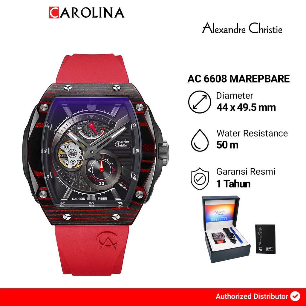 Jam Tangan Pria Alexandre Christie AC 6608 MAREPBARE Black Open Heart Dial Red Rubber Strap