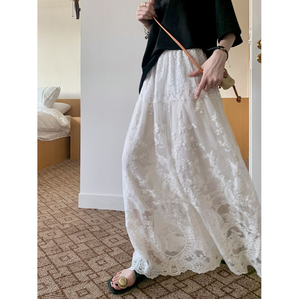 Rok renda putih setengah badan wanita bagian baru dari rok a-line panjang rok pinggang tinggi rok ay