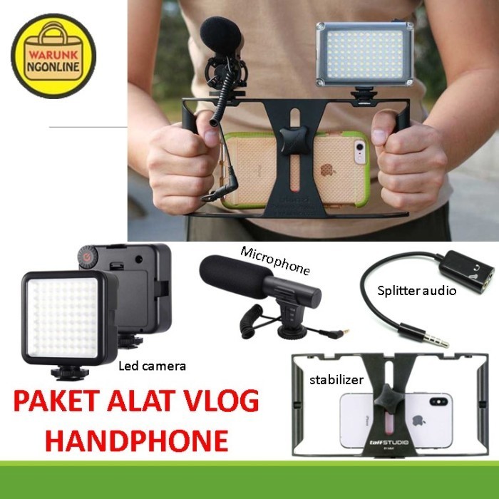 Paket alat vlog handphone - stabilizer hp , led kamera , microphone hp
