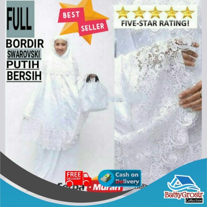Mukena Mukenah Sutra Paris Prada Premium Asli Bordir Putih Dewasa