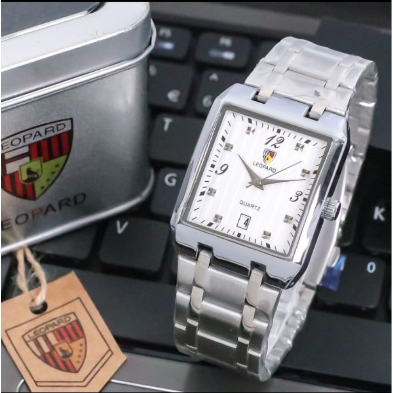 jam tangan pria model kotak rantai stainless original merek leopard