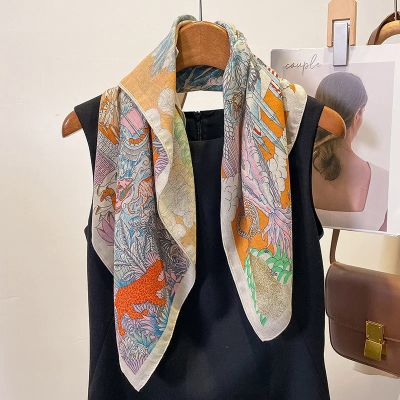 Syal Persegi Beludru Katun Motif Bunga Hewan Mewah Baru untuk Wanita Syal Lembut Wanita Hijab Dasi L