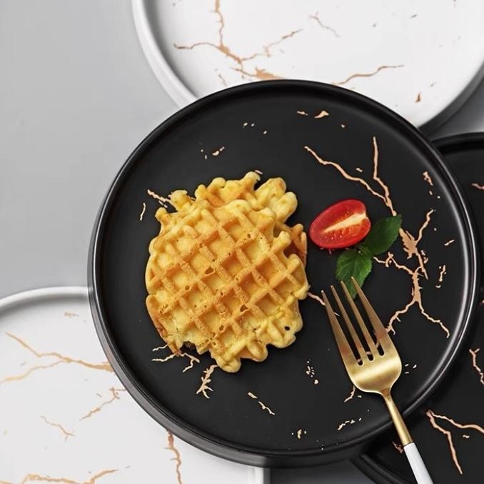 Classic Marble Plate Piring Makan Keramik Marmer Putih Hitam Gold