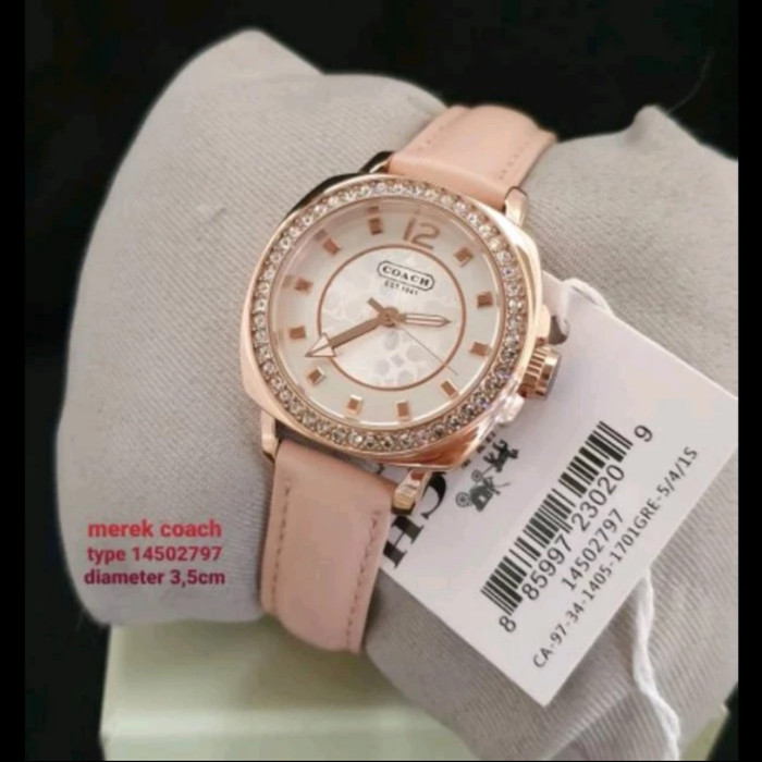 JAM TANGAN COACH ORIGINAL ROSEGOLD PINK LEATHER STRAP DIAMOND MATA