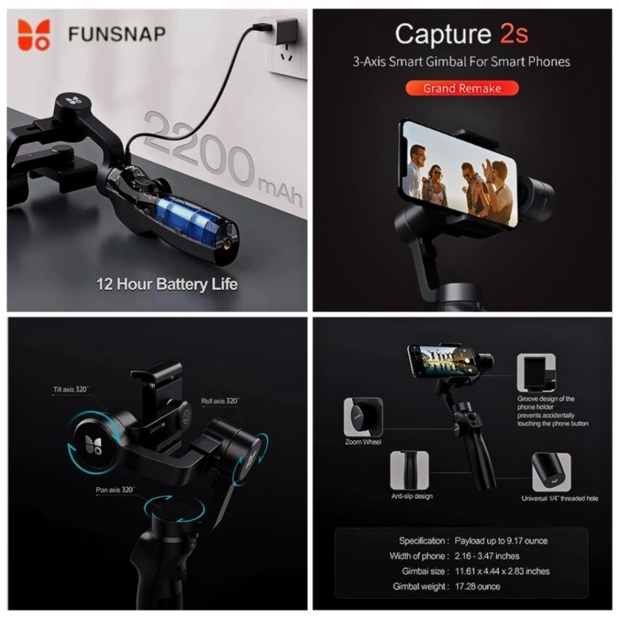 Funsnap Capture Gimbal 2S Stabilizer 3-Axis Untuk Semua Hp Smartphone