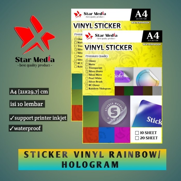 

Kertas Sticker Vinyl Hologram A4 Isi 10 Lembar/Stiker Vinil Rainbow