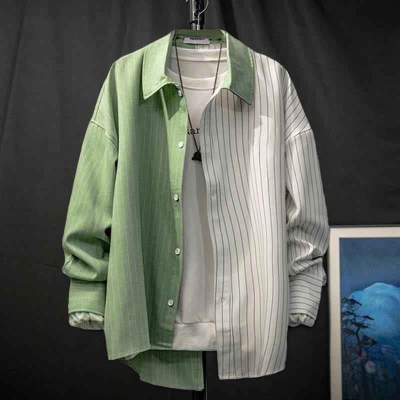 Men's Asymmetric Striped Shirt Stitching Korean Style Niche Shirt
