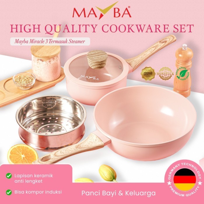 Panci Set Miracle Pink 3 Pcs Keramik Antilengket Wok,Saucepan, Steamer