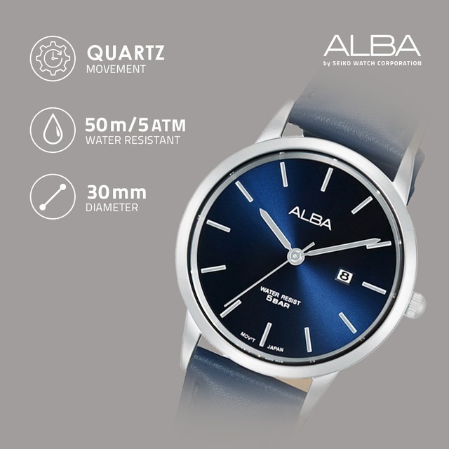 Jam Tangan Wanita Alba Ah7Bv5 Kulit Asli Biru Quartz Original
