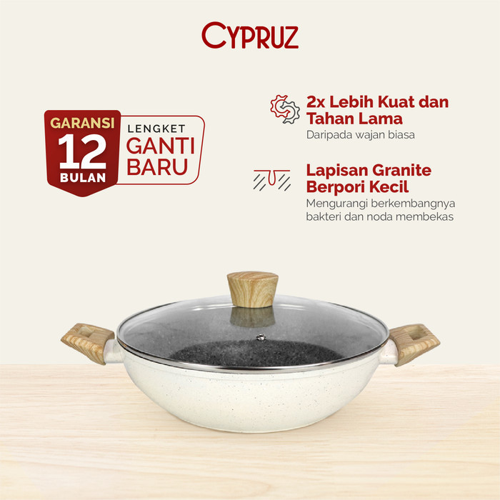 Cypruz White Granite Wok Pan / Kuali Tebal Anti Lengket + Tutup