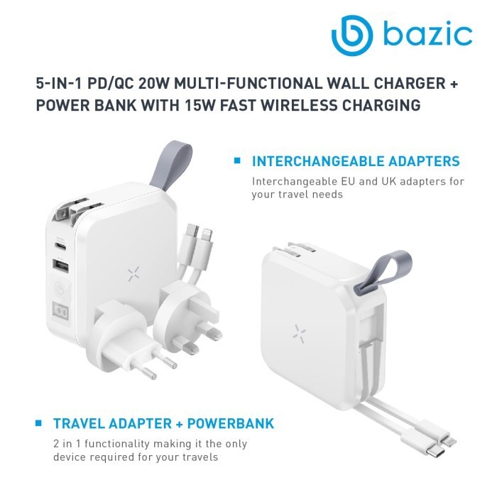 Wall Charger With Powerbank + Built-In Cable Bazic Goport Travel 10K