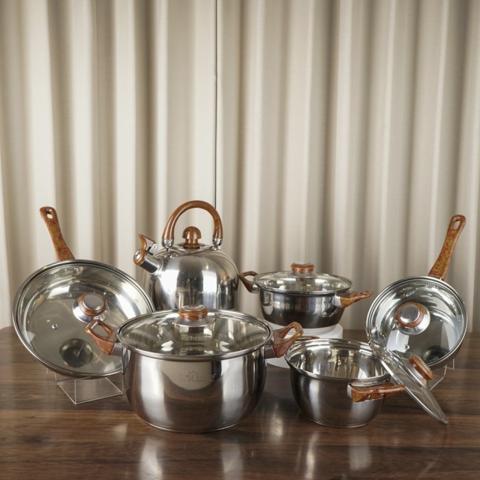 Cyprus Complete Kitchen Set 12 Pc Brown Panci Stainless Anti Lengket