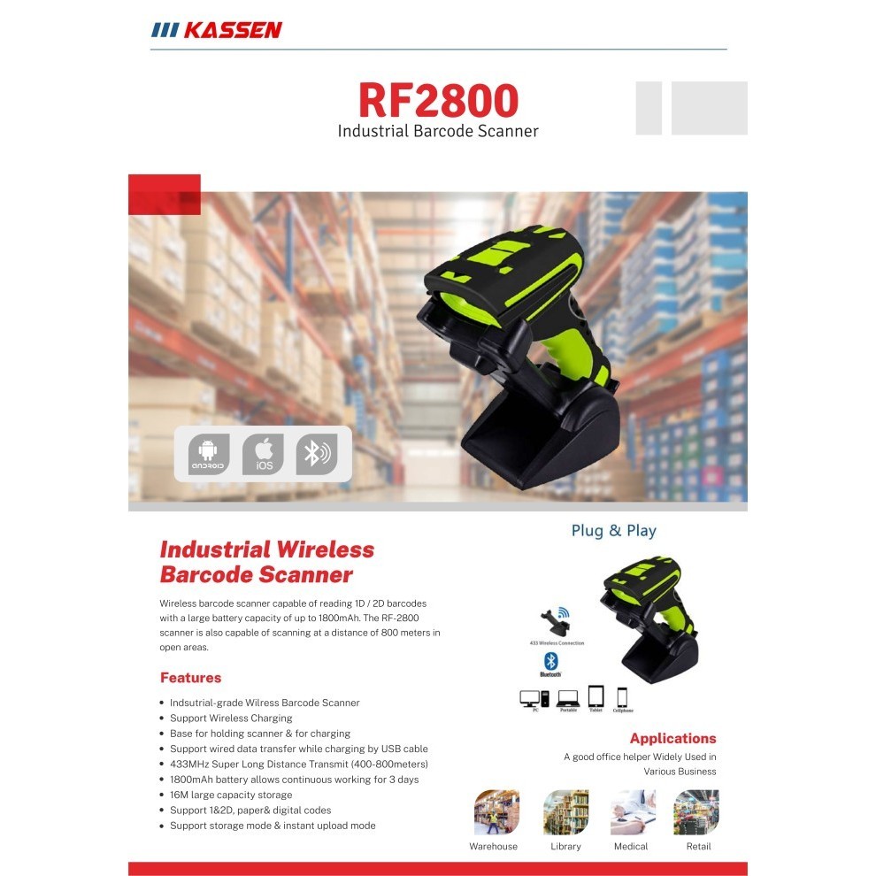 Scanner Barcode Kassen Rf-2800 1D & 2D Wireless Handheld Industrial