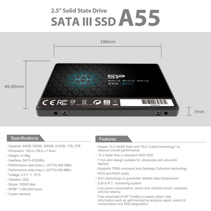 Ssd A55 Silicon Power 2.5" Sata Iii 128Gb 256Gb 512Gb 1Tb 2Tb 3D Tlc Termurah Terlaris Promo