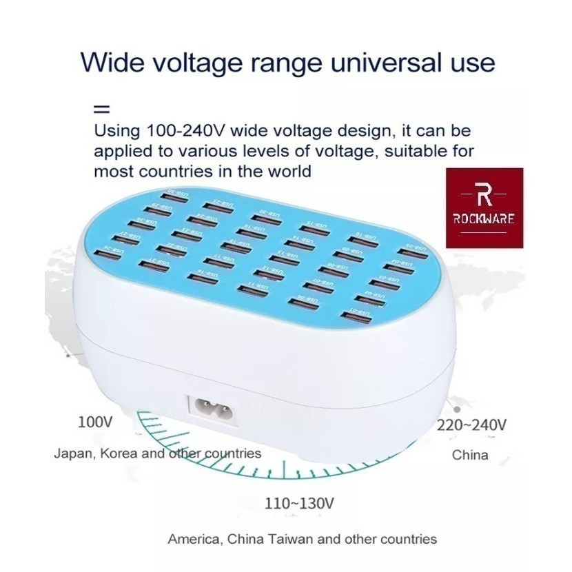 Rockware 830 - 30-Port Usb Wall Smart Charging Station 160W Max